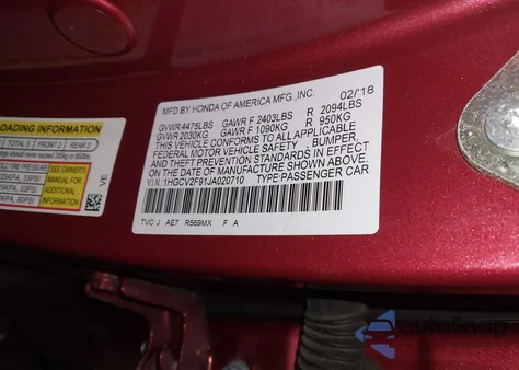 2018 Honda Accord Touring 2.0T из США, поврежденный, VIN 1HGCV2F91JA020710